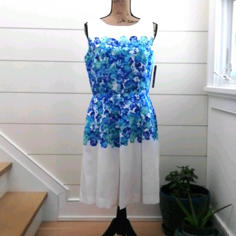 Tahari ASL Sleeveless Dress with Blue & Green Flowers (NWT)